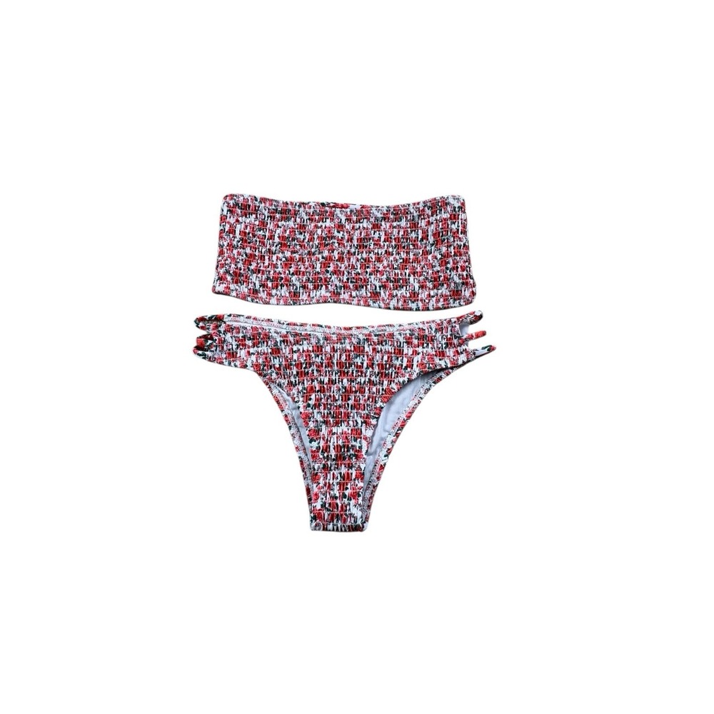 Unbranded Floral Smocked Bikini Set Red White‎ Bandeau Top High Cut S